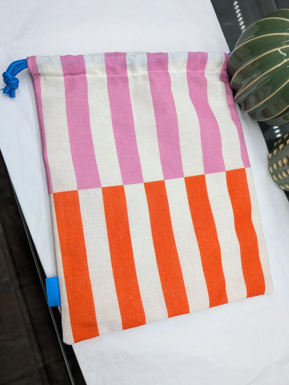 Ipsy Striped Pink, Orange &White Cotton Drawstring Bag